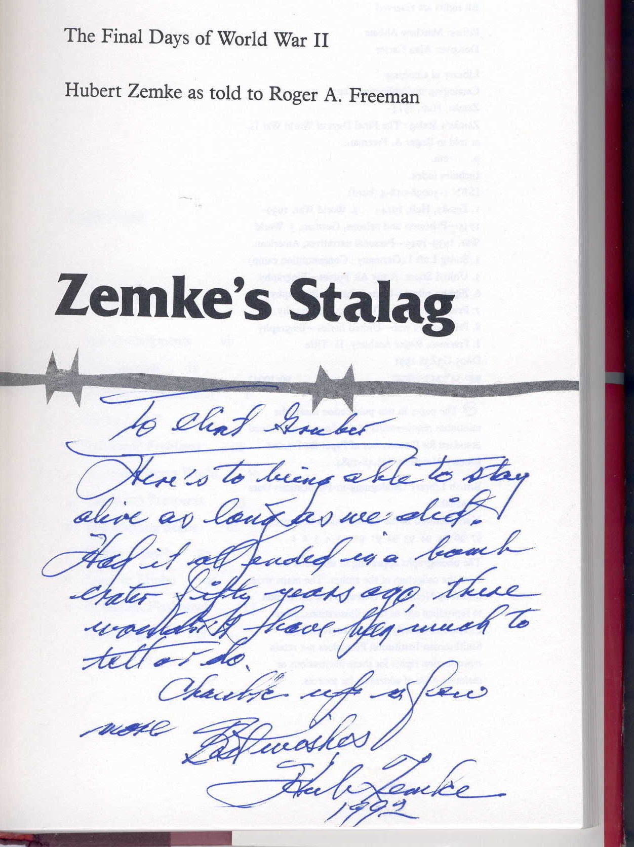 Autographed copy of Zemke's Stalag