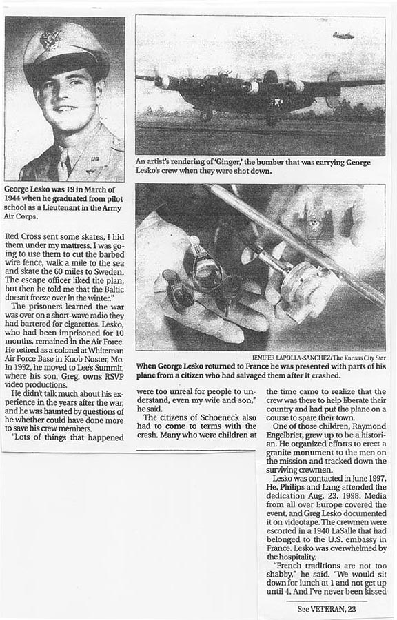 George Lesko newspaper article. WWII crash