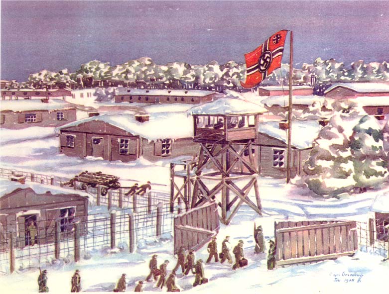 Prison Camp by C. Ross Greening - WW2 watercolor - Prisoner of War art